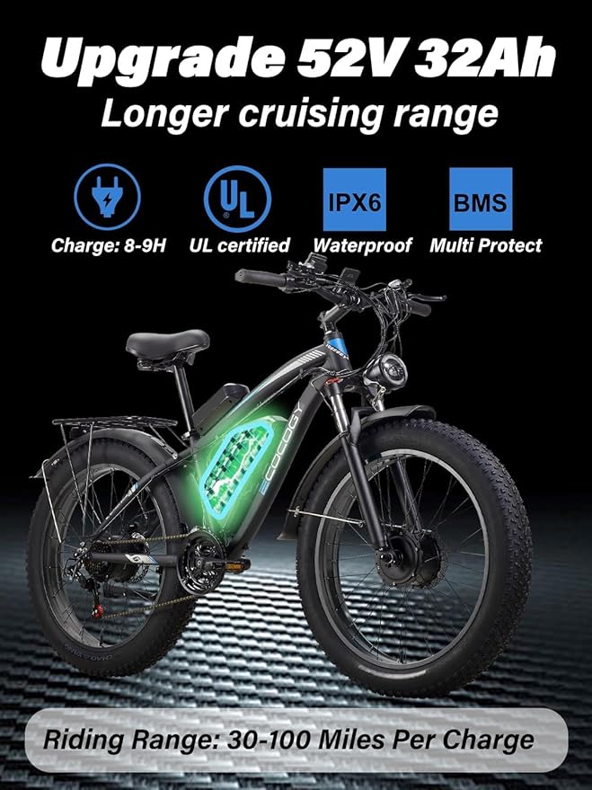 4000W Dual Motor Electric Bike 🚴‍♂️⚡ 52V, 45 MPH, 26" Fat Tires, All-Terrain, 7-Speed, Front Suspension 🌍💨
